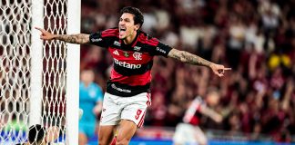 Pedro, atacante do Flamengo, celebrando gol marcado contra o Santos (Gilvan de Souza/Flamengo)